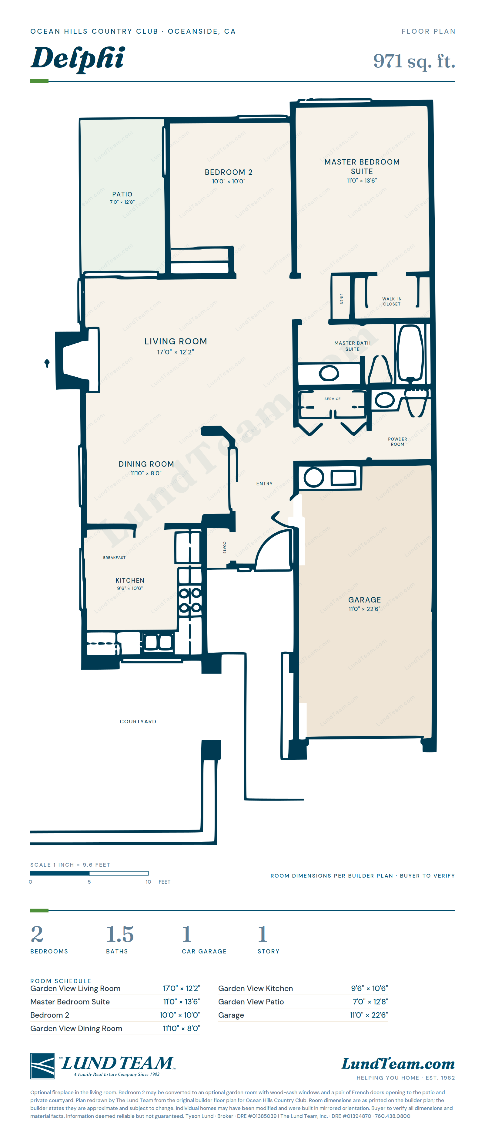 Delphi floor plan, Ocean Hills Country Club, Oceanside CA - 921-971 sq ft, 2 bed, 1.5 bath