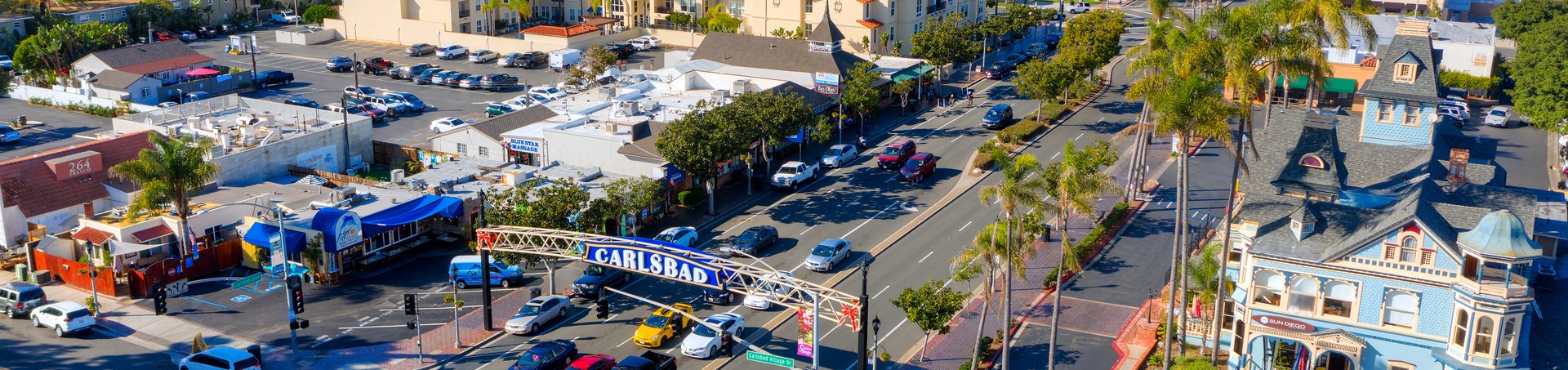 Carlsbad Village from above, looking along Carlsbad Boulevard
