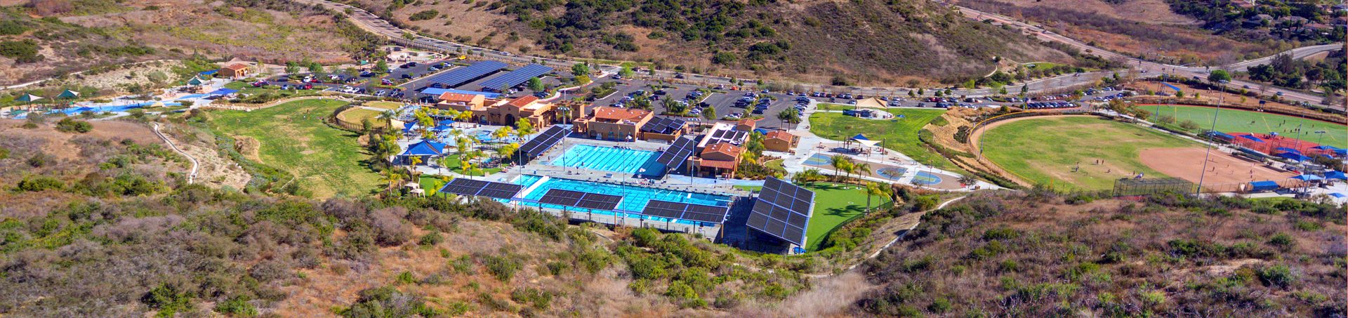 Alga Norte Community Park aquatic center from the air, beside Sol Terra