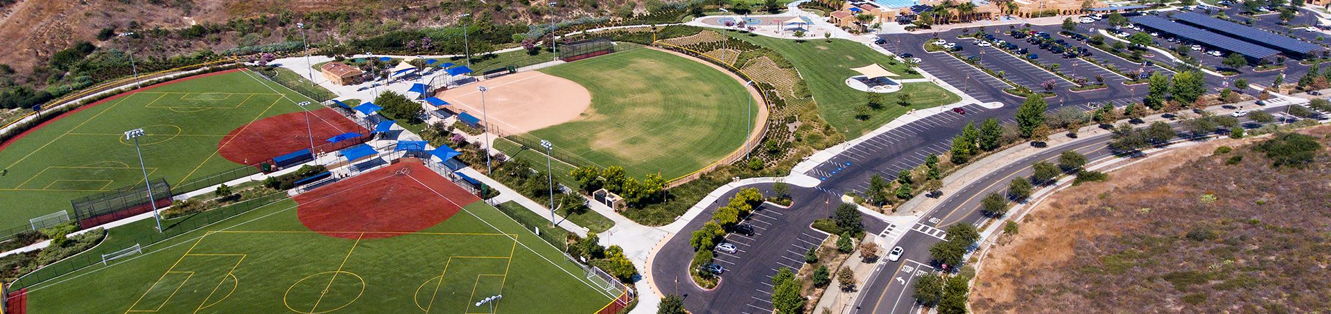 Alga Norte Community Park ballfields from the air, beside Viridian